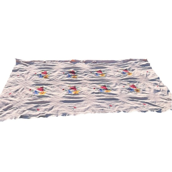 Vtg Beige Handmade Cross Stich Blue Yellow Red Flowers Linen Table Cloth 54x94” - Picture 4 of 12